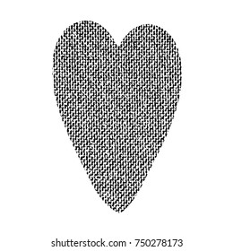 Vector textured heart, stylized imprint on fabric. Black on white isolated element for holiday cards or stamp brushes creating. It will bring depth and vintage texture to any work.