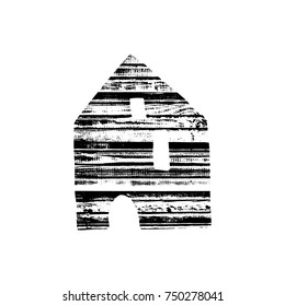 Vector textured house, stylized imprint on wood planks. Black on white isolated element for holiday cards or stamp brushes creating. It will bring depth and vintage texture to any work.