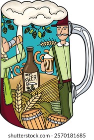 Vector textured illustration of beer mug filled with a creative scene of beer brewing elements. Inside, farmers, hops, barley, bottles, and barrels are depicted, showcasing the brewing process.