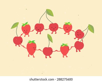 Vector textured illustration of cute red berries round dancing