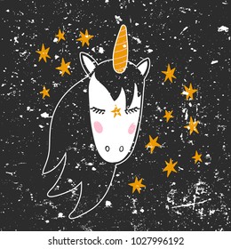 Vector textured illustration of hand drawn cartoon unicorn character with closed eyes, surrounded by stars on black background