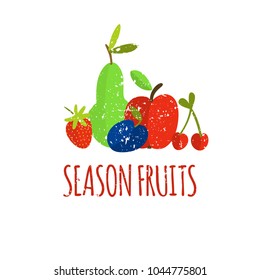 Vector textured illustration of hand drawn fruits composition and text Season Fruits for shop, farm decoration, marketing, poster, print
