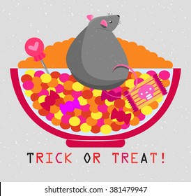 Vector textured image of a rat in the candy bowl