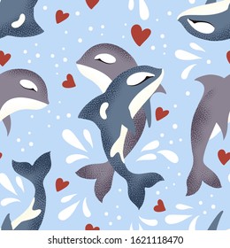 Vector textured killer whale seamless pattern in a flat style. Romantic dolphin animal couple hand drawn illustration.