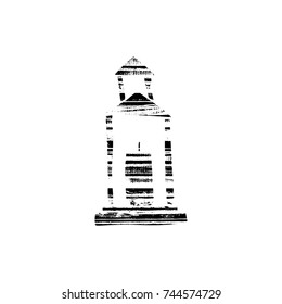 Vector textured lantern, stylized imprint on wood planks. Black on white illustration, isolated element for holiday cards or stamp brushes creating. Will bring depth and vintage texture to any work.