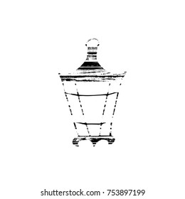 Vector textured lantern, stylized imprint on wood planks. Black on white illustration, isolated element for holiday cards or stamp brushes creating. Will bring depth and vintage texture to any work.
