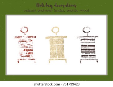 Vector textured lanterns, stylized imprints on textile, bricks and wood planks. Colored illustration, isolated elements for winter holiday cards or stamp brushes creating.