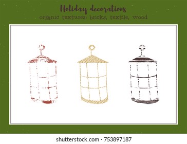 Vector textured lanterns, stylized imprints on textile, bricks and wood planks. Colored illustration, isolated elements for winter holiday cards or stamp brushes creating.