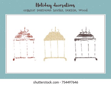Vector textured lanterns, stylized imprints on textile, bricks and wood planks. Colored illustration, isolated elements for winter holiday cards or stamp brushes creating.