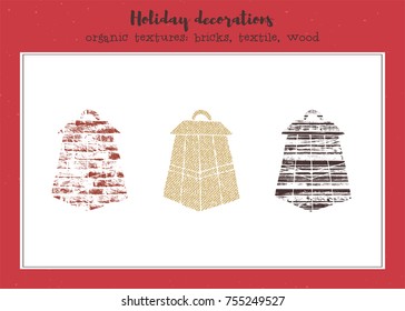 Vector textured lanterns, stylized imprints on textile, bricks and wood planks. Colored illustration, isolated elements for winter holiday cards or stamp brushes creating.