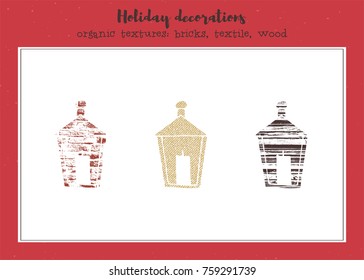 Vector textured lanterns, stylized imprints on textile, bricks and wood planks. Colored illustration, isolated elements for winter holiday cards or stamp brushes creating.