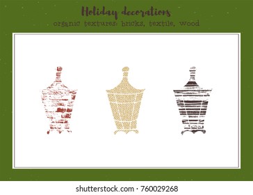 Vector textured lanterns, stylized imprints on textile, bricks and wood planks. Colored illustration, isolated elements for winter holiday cards or stamp brushes creating.