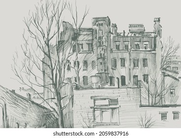 Vector textured outline drawing of cityscape courtyard with old houses and trees silhouettes