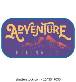 Vector Textured Retro Outdoor Mountain Adventure Hiking Company Patch Logo in Ultraviolet & Yellow. Great for t-shirts, hats, apparel, logos, gifts, home decor, textiles, stationery, paper crafting.