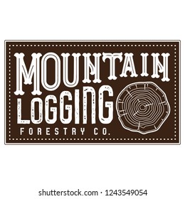 Vector Textured Retro Outdoor Mountain Logging Forestry Company Patch Logo in Brown and White. Great for t-shirts, hats, apparel, logos, gifts, home decor, textiles, stationery, and paper crafting.