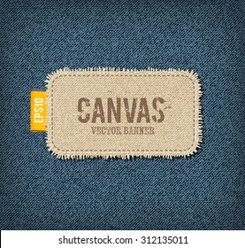 Vector textured rough canvas rectangular label with ribbon tag