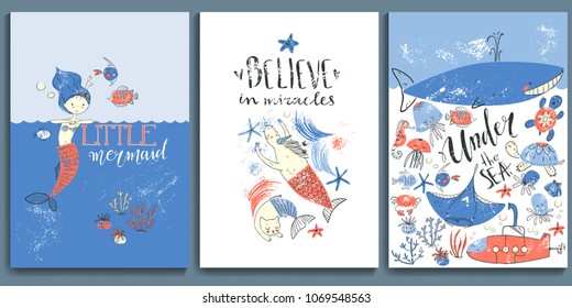 Vector textured under the sea posters. Mermaid fairytale. Scandinavian style.