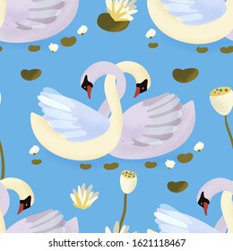 Vector textured white swan animal seamless pattern in a flat style. Romantic bird couple in love. Hand drawn illustration with water lily in the lake and swans.