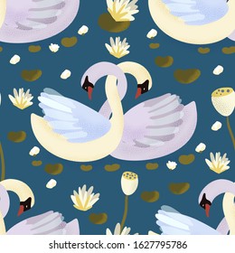 Vector textured white swan animal seamless pattern in a flat style. Romantic bird couple in love. Hand drawn illustration with water lily in the lake and swans.