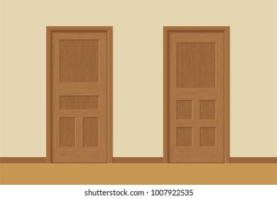Vector textured wooden interior doors with door frames in flat style. Realistic proportions, 1:100 scale.