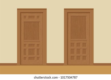 Vector textured wooden interior doors with door frames in flat style. Realistic proportions, 1:100 scale.