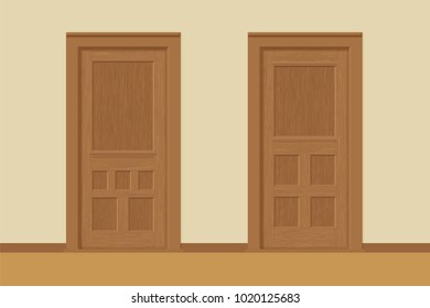 Vector textured wooden interior doors with door frames in flat style. Realistic proportions, 1:100 scale.