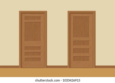 Vector textured wooden interior doors with door frames in flat style. Realistic proportions, 1:100 scale.