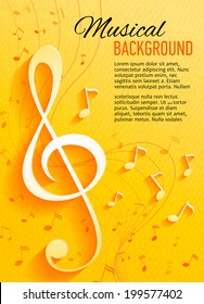 Vector textured yellow background with music notes and key. Banner. Designed text. 