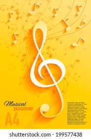 Vector textured yellow background with music notes and key. Banner. Designed text. 