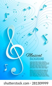 Vector textured yellow background with music notes and key. Banner. Designed text. 