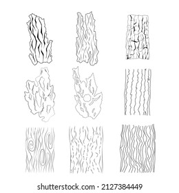 Vector textures of wood, timber, bark of trees and pieces of logs, vector collection. Black and white set of various abstract wooden textures.