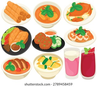 Vector Thai food menu clipart set with spring rolls, curry soups, seafood, fried dishes, rice dessert and drinks, isolated on white background, restaurant menu design