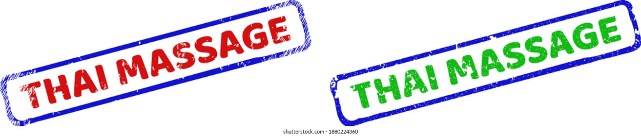 Vector THAI MASSAGE framed watermarks with scratched texture. Rough bicolor rectangle watermarks. Red, blue, green colors used.