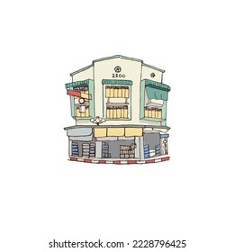 Vector Thai old buildings icon set, illustration, old town, freehand drawn style on white background