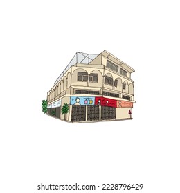 Vector Thai old buildings icon set, illustration, old town, freehand drawn style on white background