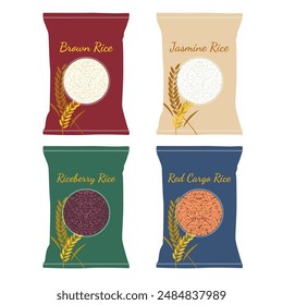 Vector Thai rice bag collection, brown rice, jasmone rice, riceberry, red cargo rice 