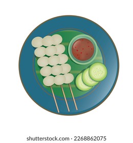 Vector Thai snack, grilled meat ball with sweet and spicy sauce in small plate, meat ball with wooden skewer, banana leaf bedding, premium blue plate. Isolated illustration on white background.