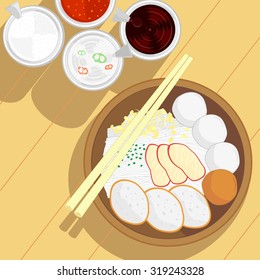 vector of thai style noodle and pork with condiment on wood plank
