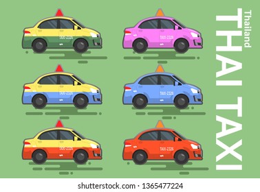 vector of Thai taxi meter in various colors, cute cartoon form, Thailand transportation