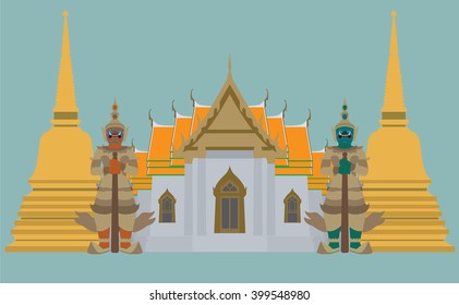 vector of Thai Temple with giant and pagoda, Bangkok, Thailand on blue background