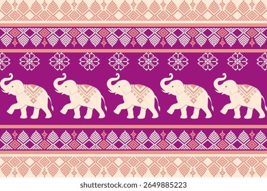 Vector Thai textile pattern with traditional elephant motif in pixel art style, perfect for fabric, wallpaper, or cultural design projects.