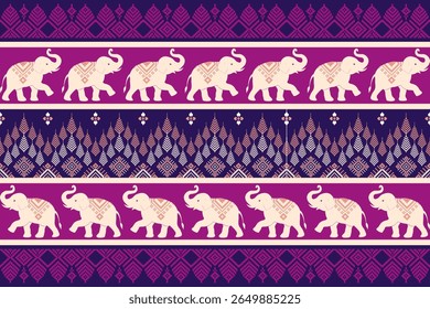 Vector Thai textile pattern with traditional elephant motif in pixel art style, perfect for fabric, wallpaper, or cultural design projects.