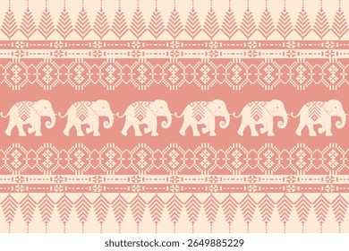Vector Thai textile pattern with traditional elephant motif in pixel art style, perfect for fabric, wallpaper, or cultural design projects.