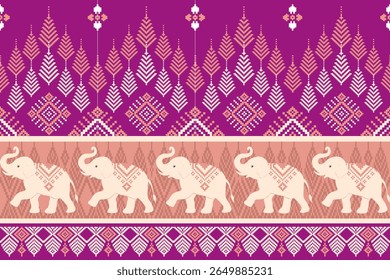 Vector Thai textile pattern with traditional elephant motif in pixel art style, perfect for fabric, wallpaper, or cultural design projects.