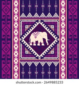 Vector Thai textile pattern with traditional elephant motif in pixel art style, perfect for fabric, wallpaper, or cultural design projects.
