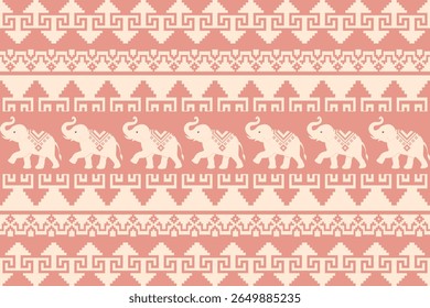 Vector Thai textile pattern with traditional elephant motif in pixel art style, perfect for fabric, wallpaper, or cultural design projects.