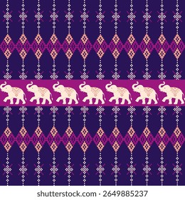 Vector Thai textile pattern with traditional elephant motif in pixel art style, perfect for fabric, wallpaper, or cultural design projects.