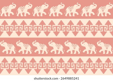 Vector Thai textile pattern with traditional elephant motif in pixel art style, perfect for fabric, wallpaper, or cultural design projects.