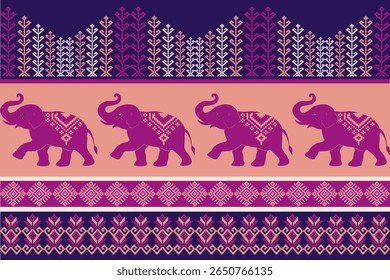 Vector Thai textile pattern with traditional elephant motif in pixel art style, perfect for fabric, wallpaper, or cultural design projects.