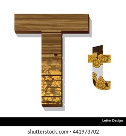 Vector of Thai Traditional pattern on Wooden alphabet letter with drop shadow on white background, Letter T
